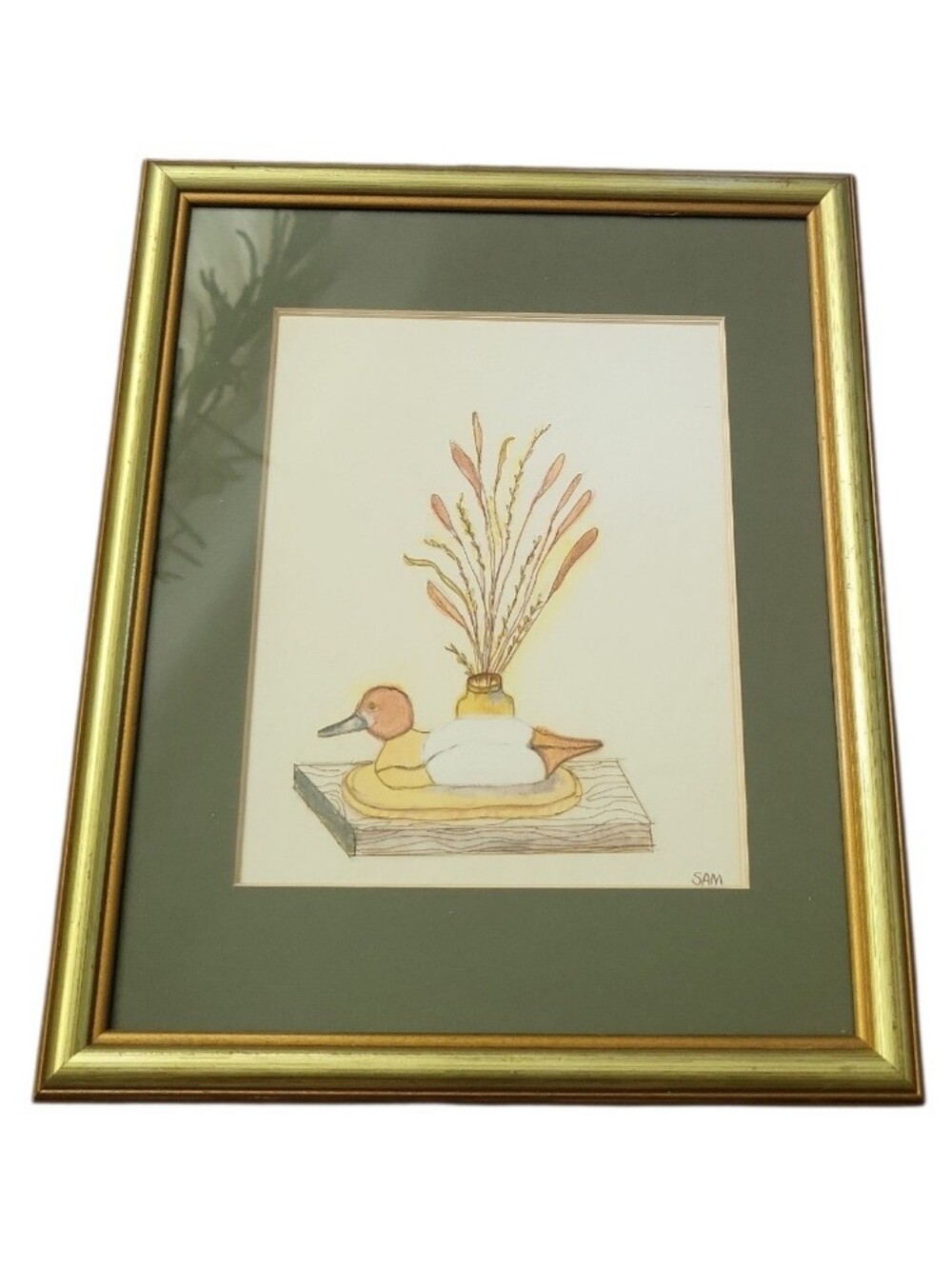 Vintage Sketch Art Duck & Dried Flower Arrangement Framed Art Cottage Farmhouse